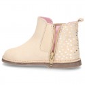 Suede leather ankle boot shoes with HEARTS print design and zipper.