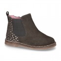 Suede leather ankle boot shoes with HEARTS print design and zipper.