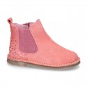 Suede leather ankle boot shoes with HEARTS print design and zipper.