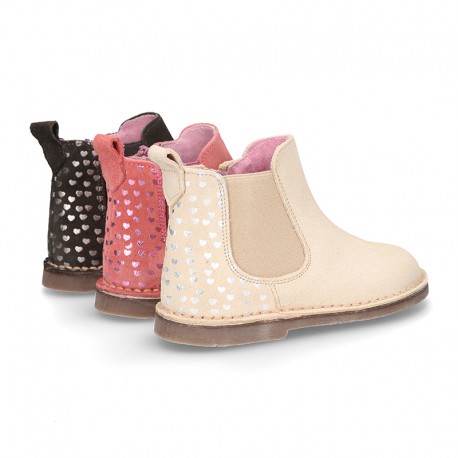 Suede leather ankle boot shoes with HEARTS print design and zipper.