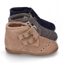 New Classic suede leather little bootie Oxford style with velcro strap and chopped design.