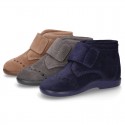 New Classic suede leather little bootie Oxford style with velcro strap and chopped design.