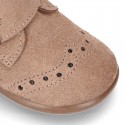 New Classic suede leather little bootie Oxford style with velcro strap and chopped design.