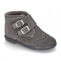 New Classic suede leather little bootie Oxford style with velcro strap and chopped design.