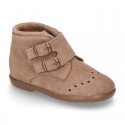 New Classic suede leather little bootie Oxford style with velcro strap and chopped design.