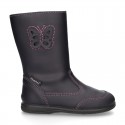 New washable leather boot shoes with zipper closure, reinforced toe cap and BUTTERFLY design.