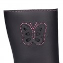 New washable leather boot shoes with zipper closure, reinforced toe cap and BUTTERFLY design.