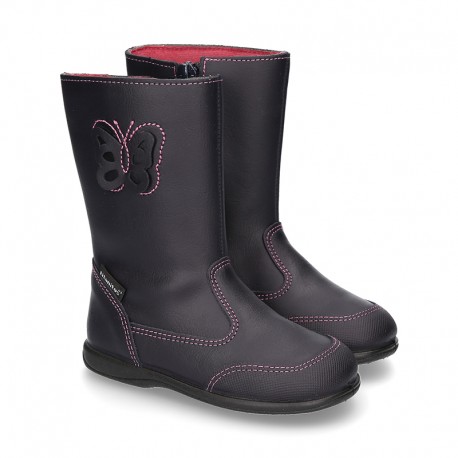 New washable leather boot shoes with zipper closure, reinforced toe cap and BUTTERFLY design.