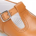 New Classic Nappa Leather T-strap shoes with buckle fastening in cowhide color.