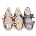 New Little Angel style ballet flat shoes with ribbon in metal finish leather.