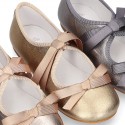 New Little Angel style ballet flat shoes with ribbon in metal finish leather.