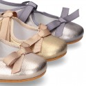 New Little Angel style ballet flat shoes with ribbon in metal finish leather.