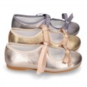 New Little Angel style ballet flat shoes with ribbon in metal finish leather.