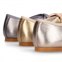 New Little Angel style ballet flat shoes with ribbon in metal finish leather.