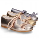 New Little Angel style ballet flat shoes with ribbon in metal finish leather.