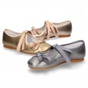 New Little Angel style ballet flat shoes with ribbon in metal finish leather.