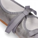 New Little Angel style ballet flat shoes with ribbon in metal finish leather.