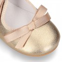 New Little Angel style ballet flat shoes with ribbon in metal finish leather.