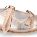 New Little Angel style ballet flat shoes with ribbon in metal finish leather.