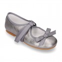 New Little Angel style ballet flat shoes with ribbon in metal finish leather.