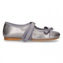 New Little Angel style ballet flat shoes with ribbon in metal finish leather.