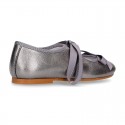New Little Angel style ballet flat shoes with ribbon in metal finish leather.