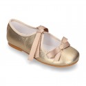 New Little Angel style ballet flat shoes with ribbon in metal finish leather.