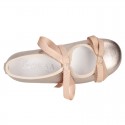 New Little Angel style ballet flat shoes with ribbon in metal finish leather.