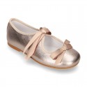 New Little Angel style ballet flat shoes with ribbon in metal finish leather.