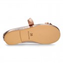 New Little Angel style ballet flat shoes with ribbon in metal finish leather.