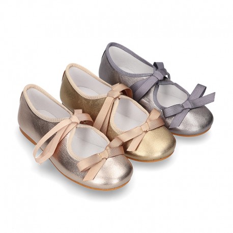 New Little Angel style ballet flat shoes with ribbon in metal finish leather.