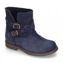 Suede leather ankle boots countryside style with buckles design.