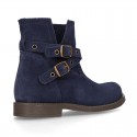 Suede leather ankle boots countryside style with buckles design.