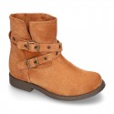 Suede leather ankle boots countryside style with buckles design.