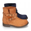 Suede leather ankle boots countryside style with buckles design.