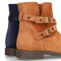 Suede leather ankle boots countryside style with buckles design.