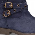 Suede leather ankle boots countryside style with buckles design.