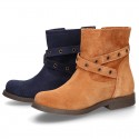 Suede leather ankle boots countryside style with buckles design.
