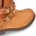 Suede leather ankle boots countryside style with buckles design.