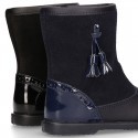 New combined suede leather boots with patent finish and tassels design.