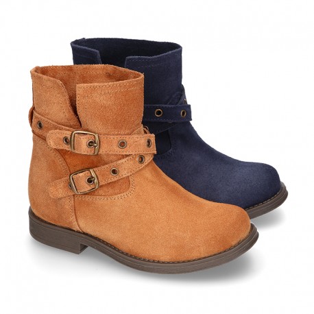 Suede leather ankle boots countryside style with buckles design.