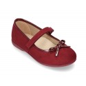 Autumn winter canvas little Mary Jane shoes with hook and loop strap and ribbon in patent finished.