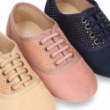 New Autumn winter little laces up shoes with dots canvas design.