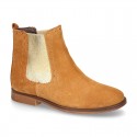 Suede leather ankle boots countryside style with metal elastic band.