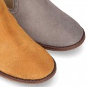 Suede leather ankle boots countryside style with metal elastic band.