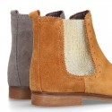 Suede leather ankle boots countryside style with metal elastic band.