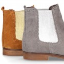 Suede leather ankle boots countryside style with metal elastic band.