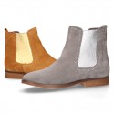 Suede leather ankle boots countryside style with metal elastic band.