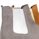 Suede leather ankle boots countryside style with metal elastic band.