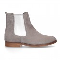 Suede leather ankle boots countryside style with metal elastic band.